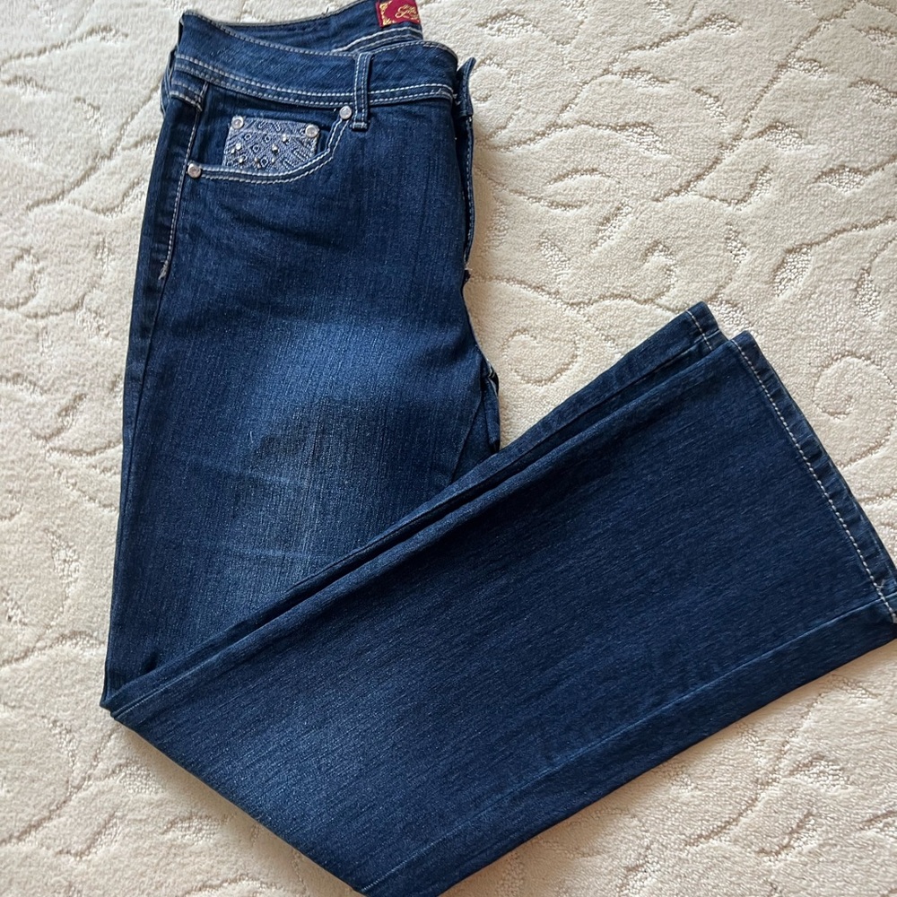one 5 one Women's Boot Cut Jeans - Dark Blue gem stone decorations on pockets